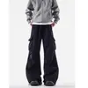 Pantalones cargo azules estilo americano con bolsillos grandes para hombre y mujer, diseño de alta costura de otoño, pantalones de pierna recta, pantalones de paracaidista plisados vintage