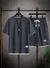 Conjunto esportivo masculino de verão com mangas curtas, para uso transfronteiriço, camiseta e shorts de corte solto, roupas de tecido waffle, vestuário casual versátil masculino