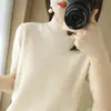 Suéter Nuevo de Otoño 2026 para Mujer, Cuello Alto Corto, Manga Corta, Suéter Corto, Camisa Base de Punto Fino Holgada con Mangas Tres Cuartos