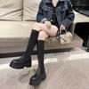 Botas de Cavaleiro Altas para Mulheres, Sola Grossa, Pretas de Inverno, Novo Estilo, Para Meninas Modernas, Pessoas Baixas, Não Mais que o Joelho, Efeito Emagrecedor, Botas de Celebridade da Internet para Mulheres
