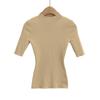 Blusa justa elástica de cor sólida para mulheres, gola alta, nova chegada, verão, 2025, camiseta de malha de meia manga