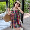 Vestido Versátil Xadrez de Cores Contrastantes para Crianças de Meia-idade e Grandes Estilo Coreano Soltinho Verão Novo Estilo Estilo Princesa Saia de Alça