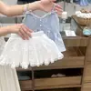 Conjunto de Roupa de Verão para Meninas, Top de Renda Estiloso Estilo Coreano com Amarração no Pescoço, Conjunto Versátil Doce de Duas Peças com Saia Curta para Crianças