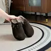 Pantuflas de medio pie con felpa para mujer, pantuflas cálidas de invierno de punta cerrada, se pueden usar al aire libre, zapatos estilo Birkenstock de piel de vaca, zapatos casuales tipo slip-on para mujer