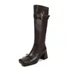 Botas Altas Elásticas Super Elásticas para Mujer Botas Altas Invierno Nuevo Punta Cuadrada Tacón Grueso Medio con Lazo No por Encima de la Rodilla Botas de Moda para Mujer