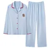 Nuevo conjunto de pijama para mujer, hecho de algodón puro, perfecto para primavera y otoño, con un diseño lindo y dulce, un cárdigan abierto al frente, una camiseta de manga larga y pantalones largos, ideal para ropa de estar en casa