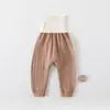 Calça longa de algodão puro para bebê, cintura alta, protege a barriga, adequada para bebês e crianças pequenas, calça longa de base para outono, calça de cintura alta grau A para bebês e crianças pequenas