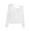 Camiseta de Manga Larga Hueca Estilo Deseo Puro Chica Caliente, Nuevo Diseño de Primavera con Escote Asimétrico, Camiseta Base Ajustada de Hombros Descubiertos para Mujer