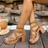 Sandalias de mujer de punta abierta con tacón grueso de talla grande transfronterizas, sandalias romanas de tiras cruzadas de moda con cremallera trasera y tacones altos de plataforma impermeables