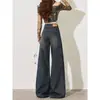Jeans Americano Cinza Cimento de Cintura Alta Wide-Leg Feminino 2026 Primavera/Outono Novos Calças Longas Retas Soltas com Caimento até o Chão
