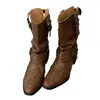 Botas apiladas de punta fina con tachuelas estilo retro para mujer, botas de montar de media pantorrilla con hebilla de cinturón de invierno, botas vaqueras, botas estilo cowboy