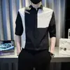 Camisa Elegante de Retazos para Hombre, Manga Corta Casual Fresca de Seda Hielo, Camisa de Verano para Hombre con Cuello Campana y Media Manga