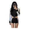 Maiô Split Color Block de Manga Longa para Mulheres, Roupa de Banho Esportiva Conservadora de Cintura Alta para Fontes Termais para Mulheres, Novo Estilo