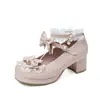 Zapatos Lolita para mujer con lazo, boca poco profunda, zapatos Lolita japoneses, punta redonda linda, tacón medio zapatos de salón Lolita