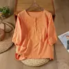 Camiseta Redonda Elegante de Verão Nova, Modelagem Solta Emagrecedora para Mulheres, Top Artístico de Algodão e Linho Bordado em Cor Sólida