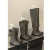 Hebilla de Cinturón Vintage Desgastada para Mujer Chuyuji Botas Largas Grises de Xinjiang a Media Pantorrilla y por Encima de la Rodilla