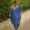 Falda de Playa Europea y Americana Nueva con Cuello en V Borde Dorado Hombros Descubiertos Suelta Talla Grande Falda Larga de Vacaciones Cubre Bikini Ropa de Protección Solar