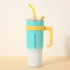 Macaron Taza de Hielo de Gran Capacidad con Asa de Color Degradado Acero Inoxidable 304 Taza Térmica para Exteriores y Coche