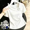 92% algodón, 8% elastano, diseño tridimensional de rosa estilo francés, cuello asimétrico inclinado, camiseta de manga corta para mujer, top de verano elegante, versátil