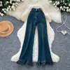 Jeans de campana retro de cintura alta para mujer con ribete de encaje, adelgazantes y que realzan la figura, pantalones largos ligeramente acampanados, diseño de otoño 2026, estilo americano