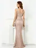 Vestido de Noite Longo com Lantejoulas Champagne de Verão 2026 Cauda de Sereia Ajustado ao Corpo Apresentador de Reunião Anual Vestido Elegante