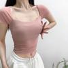 Camiseta de manga corta para mujer 2023 con almohadilla en el pecho para verano Nuevo puro sexy cuello cuadrado corte entallado top corto