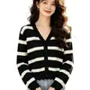 Suéter de Punto de Cuello Redondo para Mujer 2026 Otoño/Invierno Nuevo Cárdigan de Punto Rayado Primavera/Otoño Top Ajustado de Manga Larga Algodón Negro