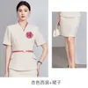 Traje de Verano de Manga Corta con Cuello en V para Mujer, Conjunto de Dos Piezas con Falda y Pantalones, Ropa de Trabajo de Alta Gama para Esteticistas, Estilo Salón de Belleza