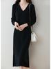 Elegante Vestido Básico de Lana con Cuello en V Estilo Commuter para Mujer Otoño e Invierno Largo con Abertura Lateral Nuevo Color Sólido Vestido Base