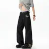 Calça Jeans Reta Longa Versátil Flare Masculina Retrô Americana de Sarja Crua Bordada, High Street Desconstruída Lavada