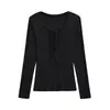 Camiseta Feminina Sexy de Manga Longa com Renda e Decote em V Profundo Outono Nova Moda Versátil Slim Camisa de Camada Interna Top para Mulheres