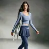 Conjunto de Yoga para Mujer Manga Larga con Almohadillas en el Pecho Cintura Cruzada Falda-Pantalón Bloque de Color Cintura Alta Levanta Glúteos Pilates Fitness Conjunto de Dos Piezas