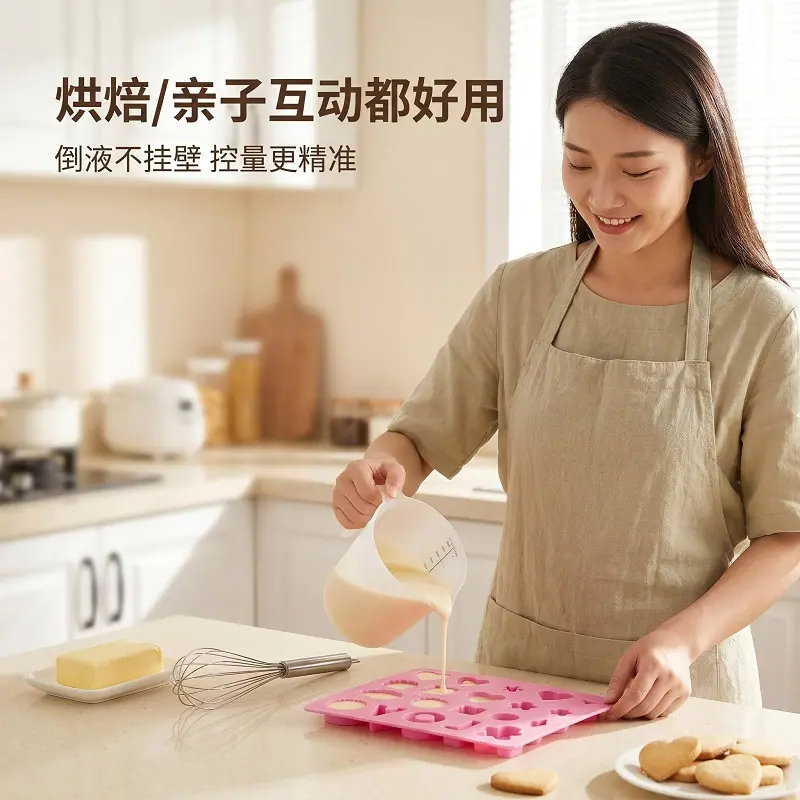 硅胶DIY烘培计量杯带刻度倒蛋液杯心形软量杯导流嘴不滴漏易清