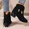 Botas de Salto Grosso e Cano Alto, Estilo Western com Franjas, Botas de Moda Feminina Tamanho Grande, Botas de Equitação de Bico Redondo, Sem Cadarço, com Pedrarias