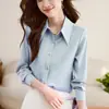 Foto Real 26 Primavera/Outono Nova Camisa de Manga Longa de Cetim Feminina de Alta Qualidade para o Trabalho Casual Simples Brilhante Camisa de Chiffon