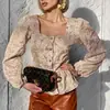 Camisa Jacquard de Alta Qualidade Estilo Francês 2026 Nova Blusa Feminina Quadrada com Mangas Bufantes Moda Feminina Primavera