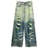 Jeans desgastados lavados estilo retro americano para mujer, pantalones rectos holgados de pierna ancha para el verano, pantalones versátiles de longitud completa