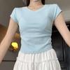 Camiseta de Manga Corta para Mujer Color Azul Claro Estilo Dulce y Picante Ajustada con Diseño Único Fruncido Verano 2026