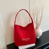 Bolsa de Lona Feminina Bordado Simples Bolsa Tote Vermelha Grande Capacidade Estudante Aula Deslocamento Bolsa de Axila Bolsa de Ombro