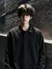 Sudadera con Capucha y Cuello Alto Gris Flor Blanca para Hombre Otoño Bordada Manga Larga Camiseta Marca de Moda Americana Camisa Base con Cuello