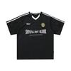 Camiseta de manga curta com listras escuras e estampa de letras para meninos, estilo esportivo casual, gola V, folgada, camiseta estilo rua americana