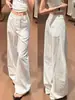 Calça larga de cintura baixa com cordão branca para mulheres, fina de verão, solta, casual, modeladora, com caimento, de seda gelo, reta