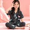 Pijama Infantil para Meninas e Meninos de Primavera e Outono, Manga Curta e Calça Longa, Roupa de Casa com Desenhos Animados para Crianças Maiores