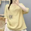Nuevo top artístico de algodón y lino estilo chino de manga corta, jersey holgado, nueva camiseta elegante bordada de verano, talla grande para mujer