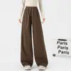 Pantalones Rectos Talla Plus, de Cintura Alta, Pantalones Casuales con Caída, Pantalones de Pierna Ancha tipo Guadaña Adelgazantes, Pantalones Deportivos Holgados con Cordón para Exteriores para Mujer