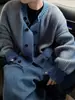 Cárdigan de punto a rayas azules para hombre, estilo holgado y relajado, de doble botonadura, cuello redondo, chaqueta suéter, casual japonés moderno