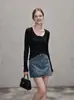Suéter de Punto de Color Sólido Simple 2026 Manga Larga para Mujer Estilo Nuevo Cuello Semi Abierto Ajustado Cortavientos 7861