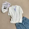 Camisa Tricot Versátil de Manga Curta com Cores Simples em Contraste, Design Casual Patchwork, Gola com Meio Botão Feminina, Gola Clássica Reversível