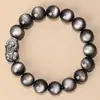 Pulseira Pixiu de Obsidiana Prateada Olhos Duplos Natural, Pulseira Leão Despertador de Pedra Prateada Obsidiana, Presente de Aniversário para Namorada, Presente para Namorado