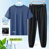 [Conjunto de Seda Gelo] Verão Masculino Secagem Rápida Esportivo Camiseta de Manga Curta Juventude Versátil Calças de Seda Gelo Top Solto de Meia Manga